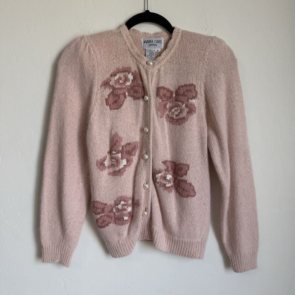 Andrea Gayle Vintage Sm Silk Wool Blend Pink Coquette Pearl Button Up Cardigan